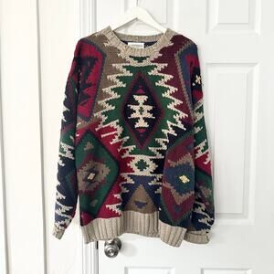Cambridge Members Vintage Hand Knit Chunky Aztec Chunky Intarsia Sweater Medium